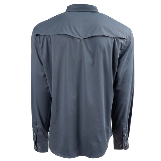 Back of a long-sleeved men's shirt in a solid color, featuring a Pearl snap front closure, five exterior pockets and vents on the back shoulders.