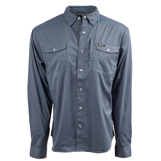 A long-sleeved men's shirt in a solid color, featuring a Pearl snap front closure and five exterior pockets.