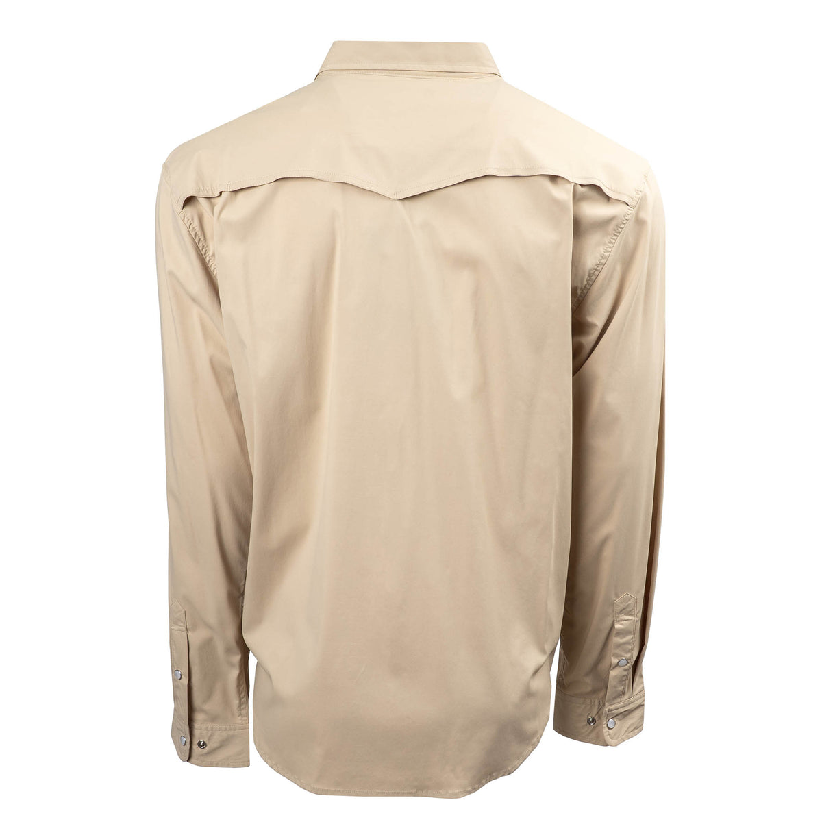 back of our khaki breathable, lightweight pearl snap front closure long sleeve with two chest pockets on white background