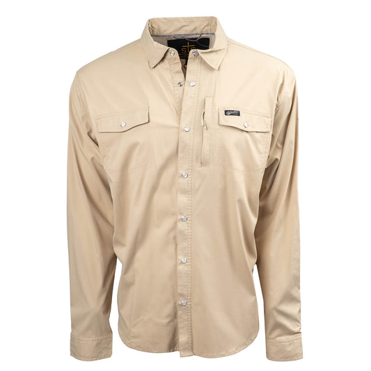 khaki breathable, lightweight pearl snap front closure long sleeve with two chest pockets on white background