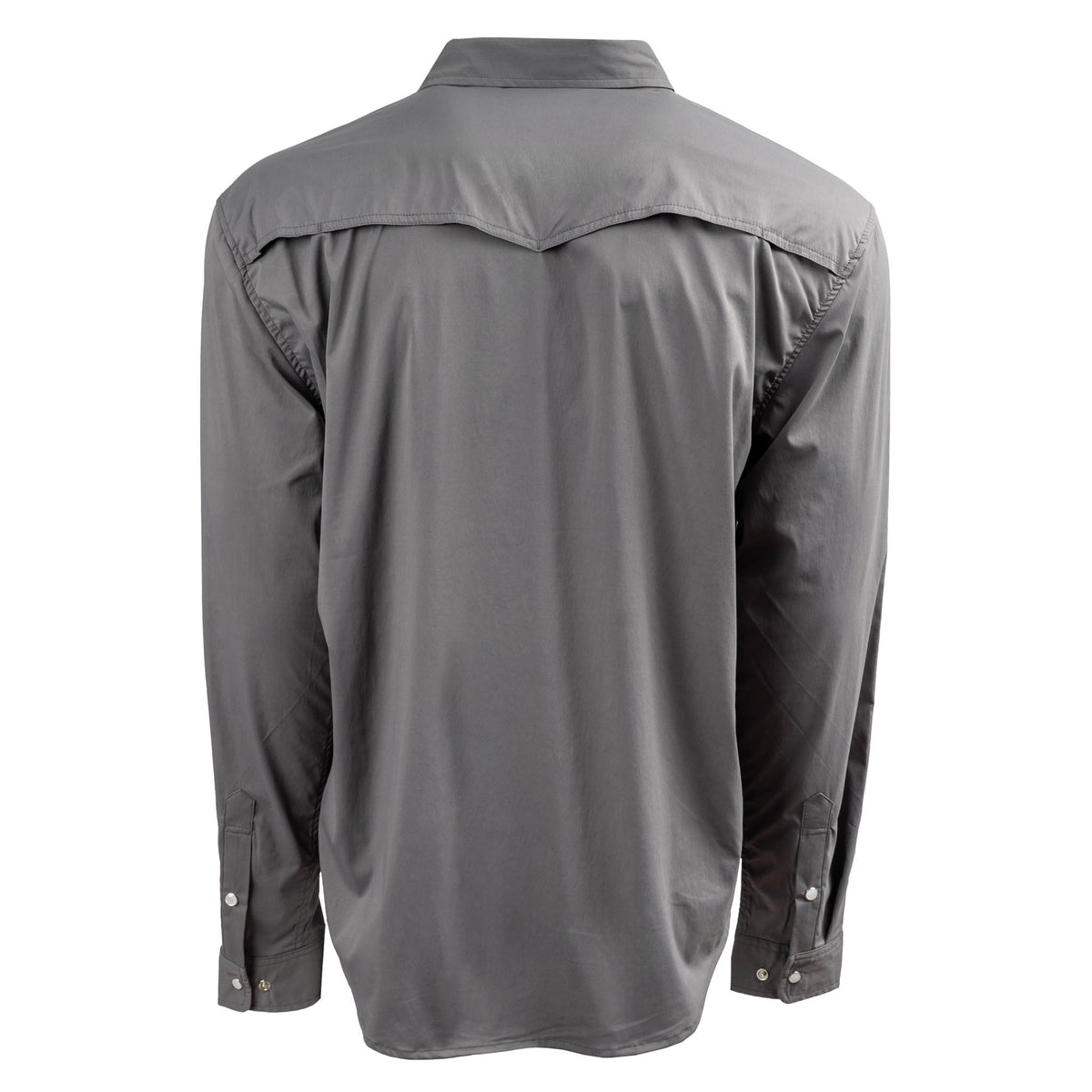 Back of a long-sleeved men's shirt in a solid color, featuring adjustable Pearl snaps on wrist cuffs and vents on shoulders on a white background.