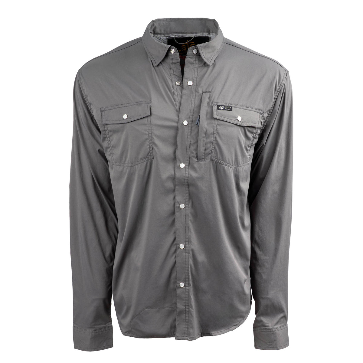 A long-sleeved men's shirt in a solid color, featuring a Pearl snap front closure and three exterior pockets on a white background.