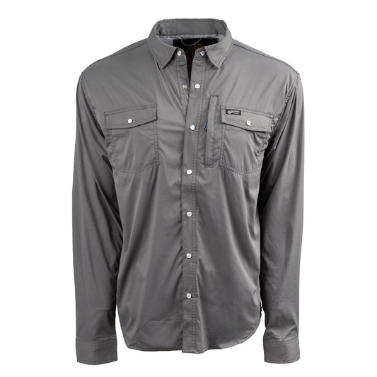 A long-sleeved men's shirt in a solid color, featuring a Pearl snap front closure and three exterior pockets on a white background.