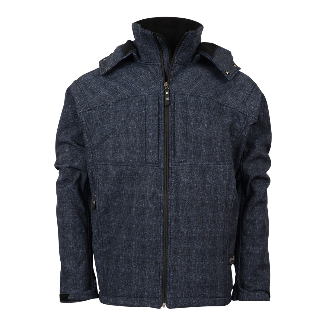 A men's navy softshell jacket with a zip front closure, removable hood, and multiple pockets on a white background.