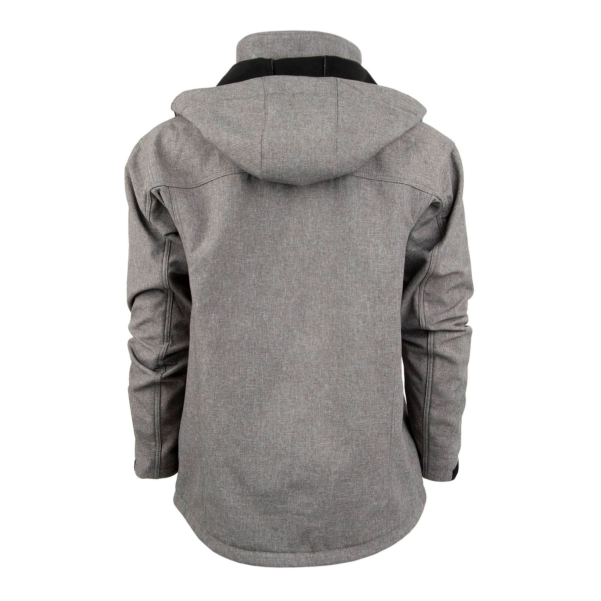 Back of men's heather gray softshell jacket with removable hood displayed on a white background.