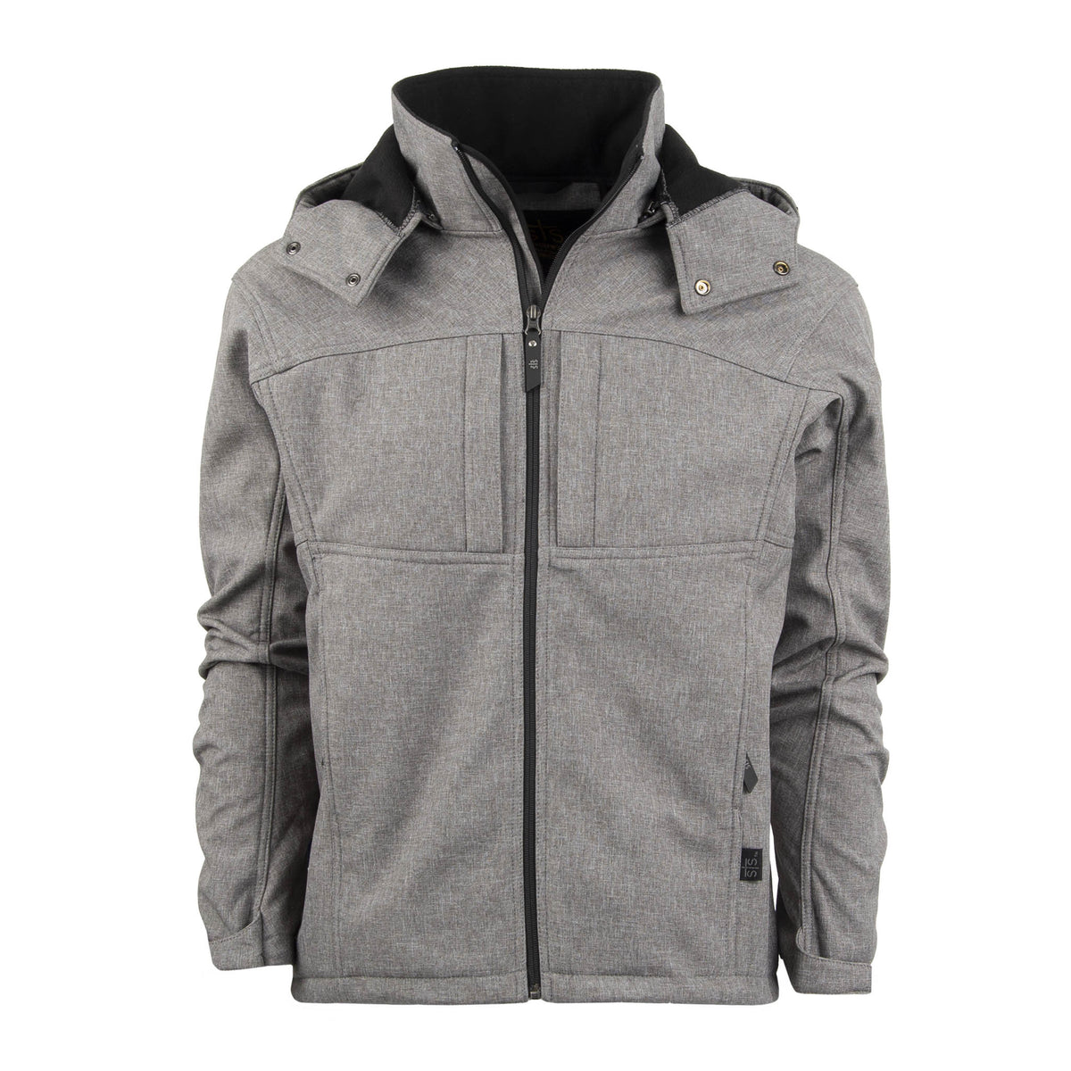 Men's heather gray softshell jacket with zip front closure, removable hood, and multiple pockets.