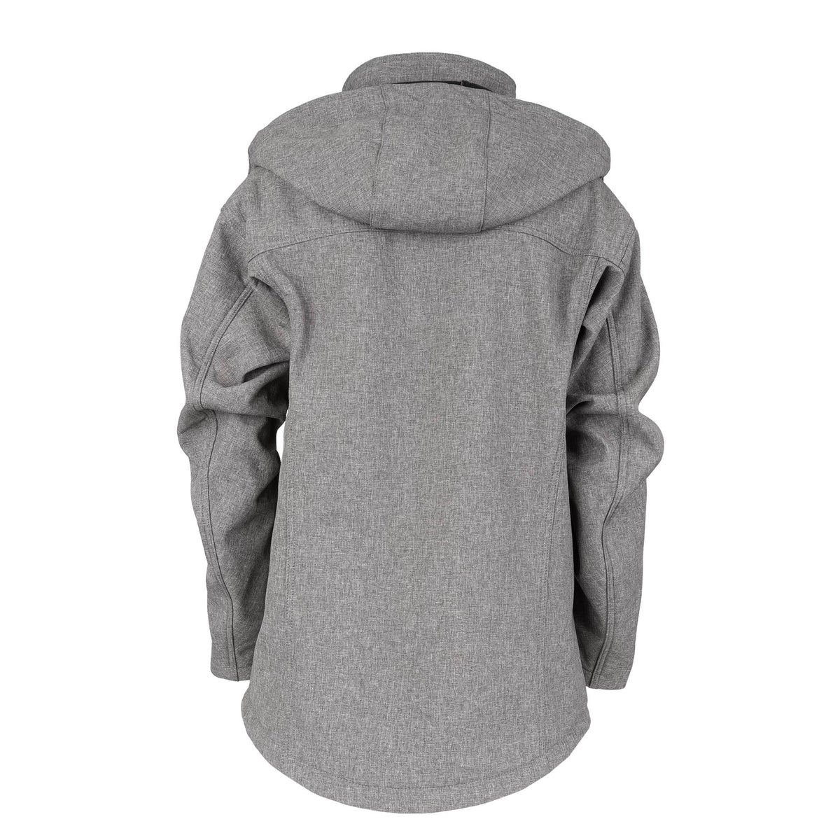 Back of woman's heather gray softshell jacket with removable hood displayed on a white background.