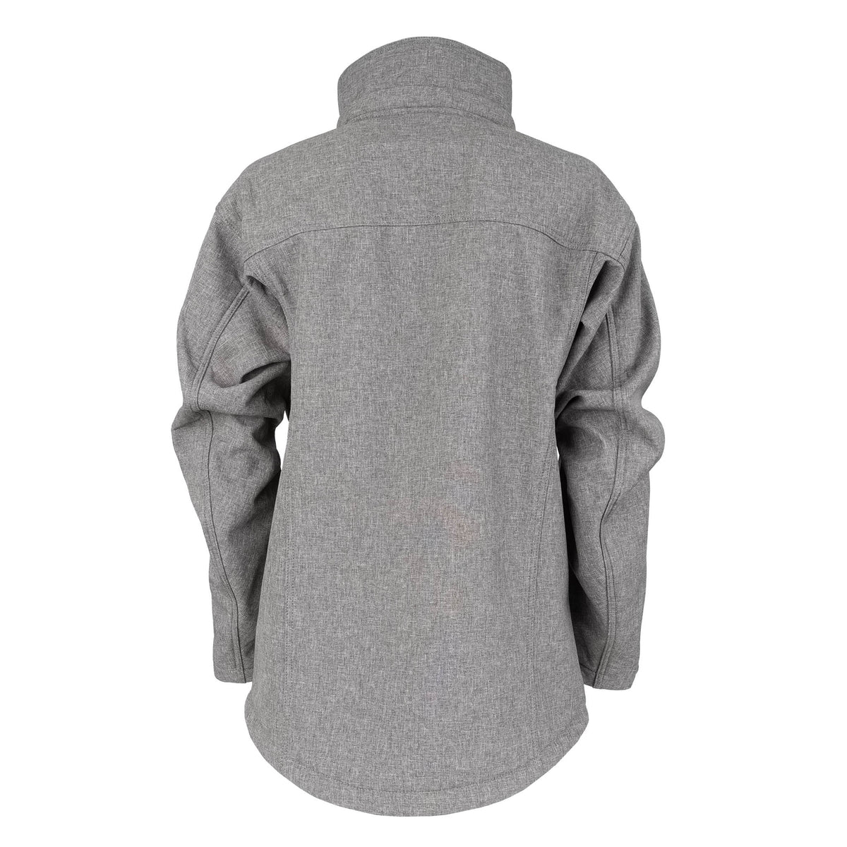 Back of woman's heather gray softshell jacket with hood removed displayed on a white background.