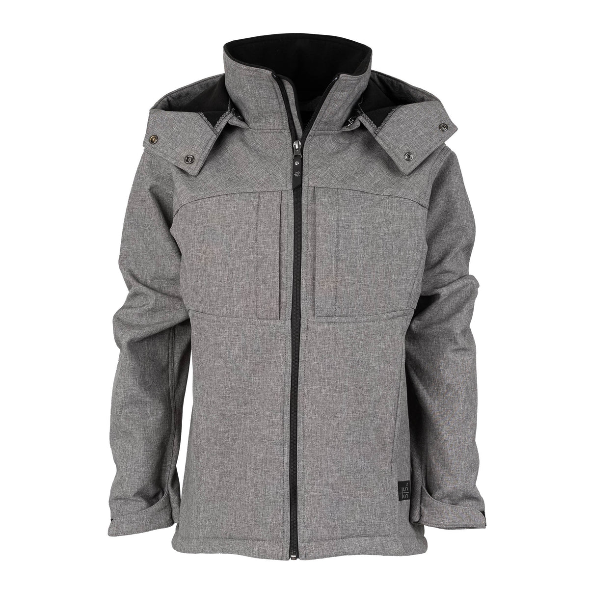 Women's heather gray softshell jacket with zip front closure, removable hood, and multiple pockets.