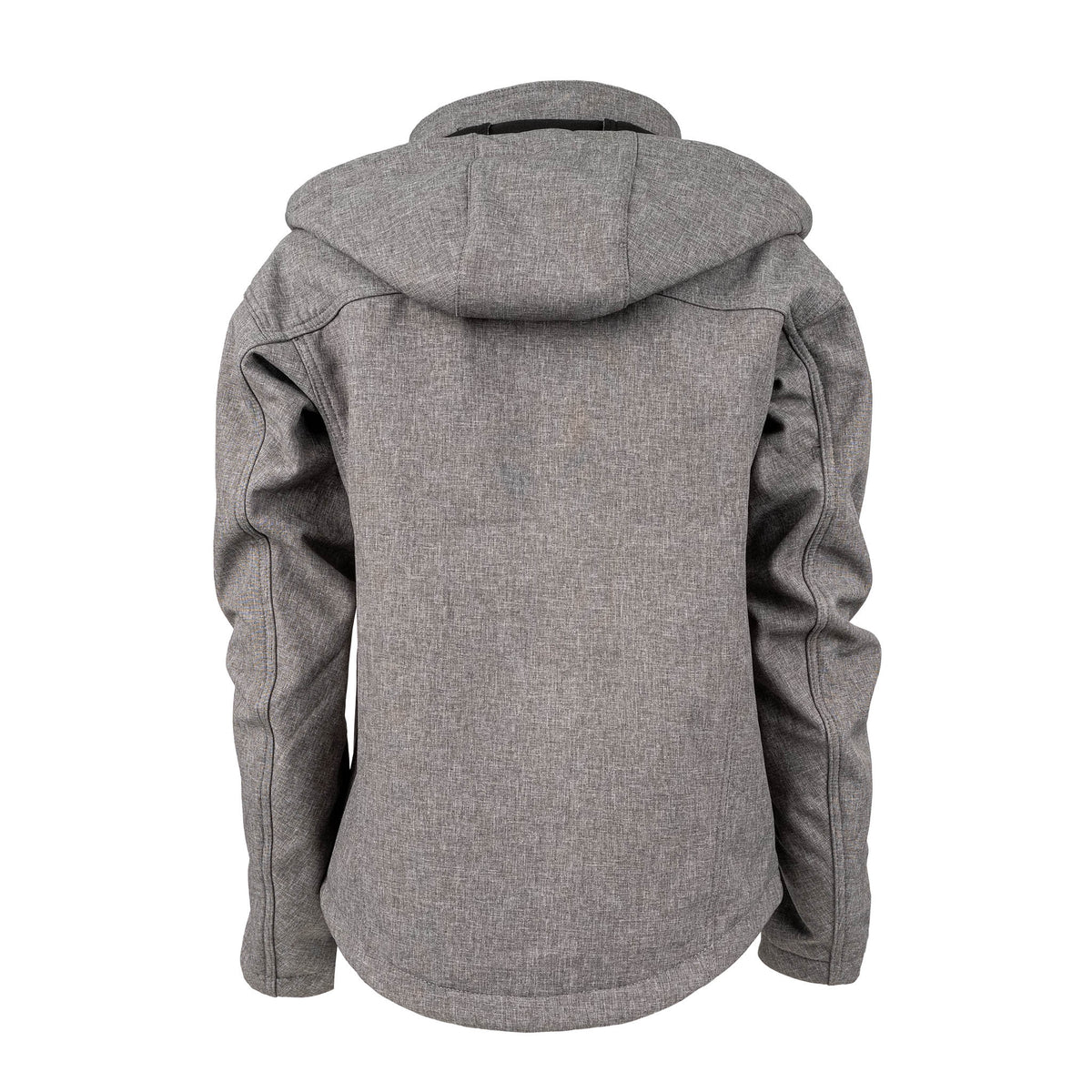 Back of youth heather gray softshell jacket with removable hood.