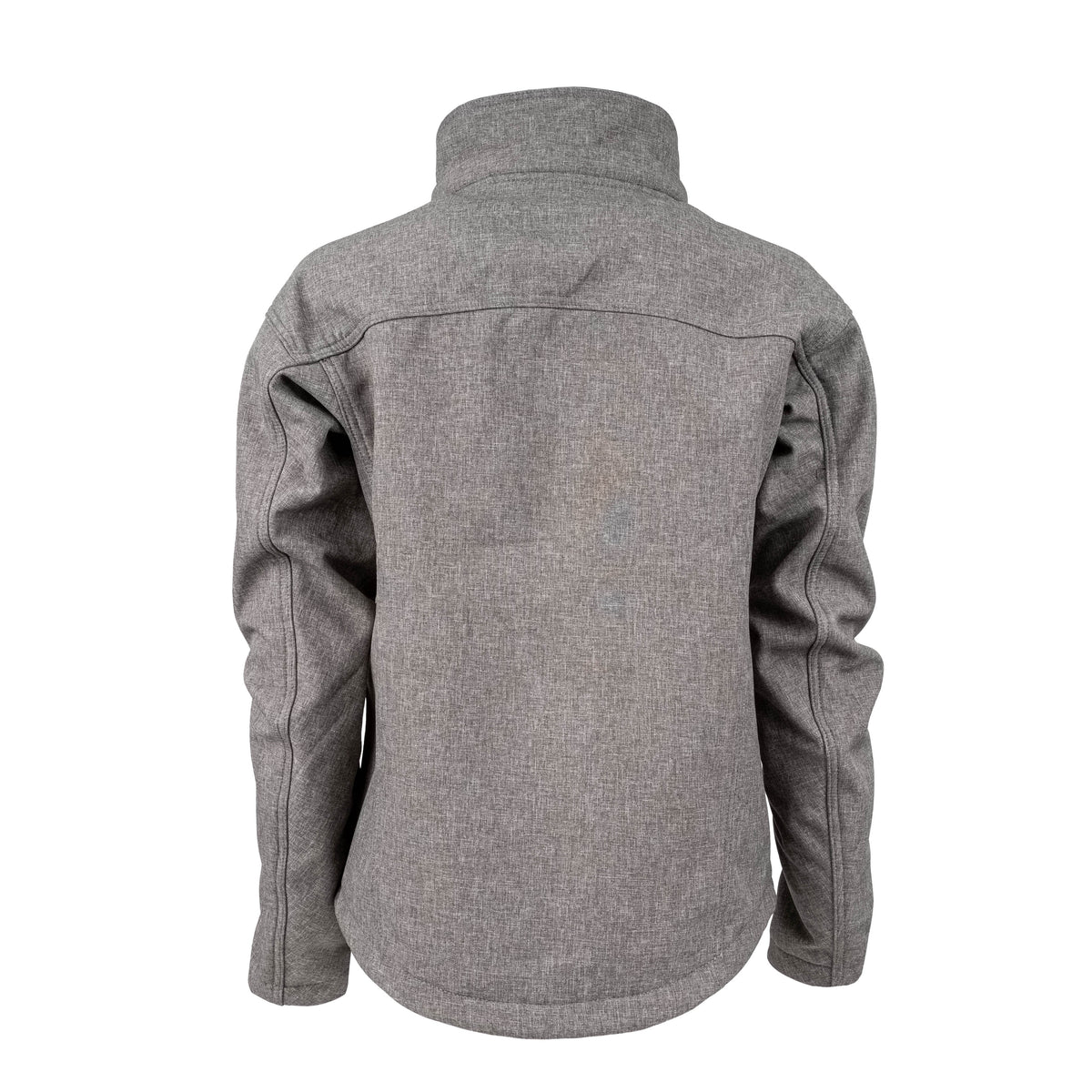 Back of youth heather gray softshell jacket with hood removed.