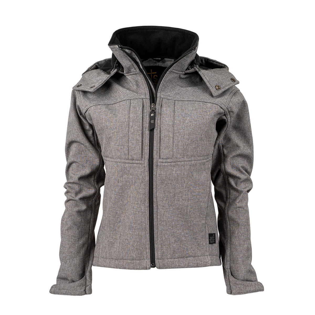 Youth heather gray softshell jacket with zip front closure, removable hood, and multiple pockets.