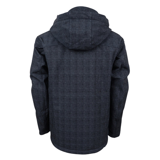 A youth navy softshell jacket with a removable hood on a white background.