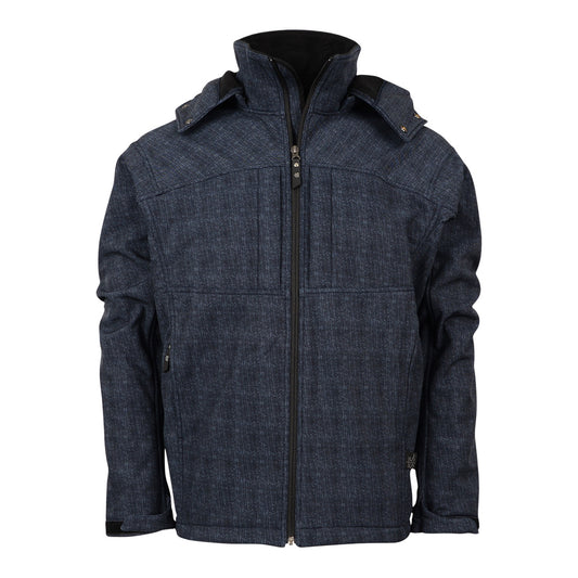 A youth navy softshell jacket with a zip front closure, removable hood, and multiple pockets on a white background.