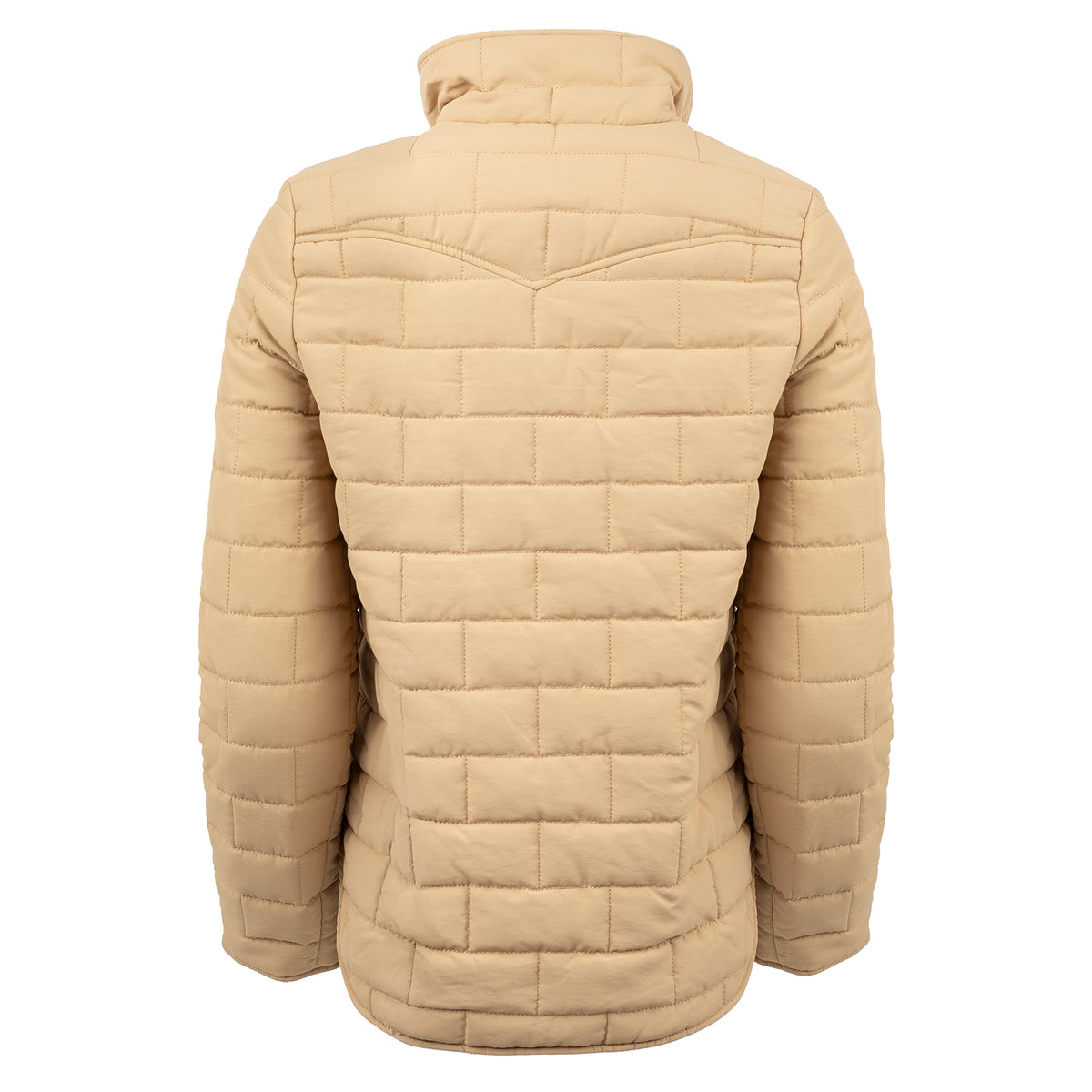Back of our quilted beige jacket with western yoke on white background.