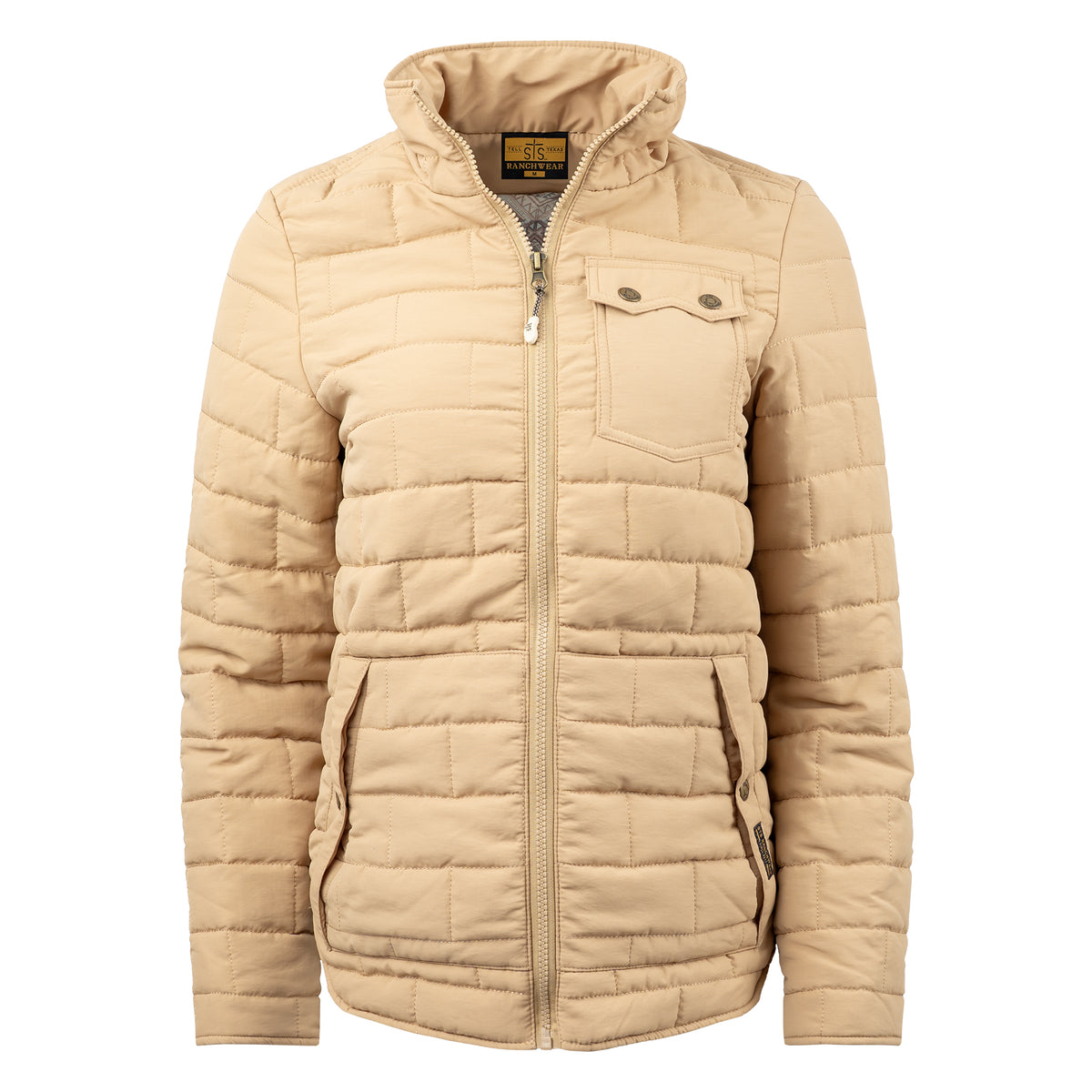 Quilted beige jacket with snap closure pockets and zip front closure on white background.