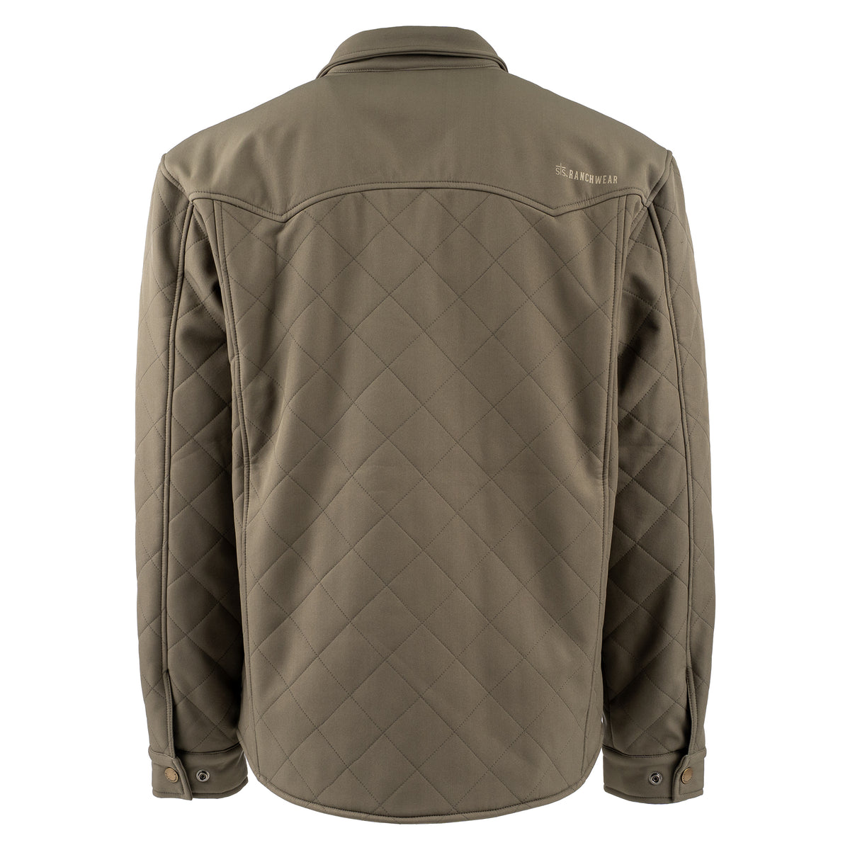 Back of our olive green jacket with western yoke and adjustable snap wrist cuffs.