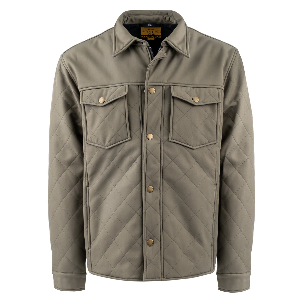 Olive green jacket with front snap closure, two front pockets, and hand warming pockets on white background.