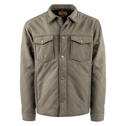 Olive green jacket with front snap closure, two front pockets, and hand warming pockets on white background.