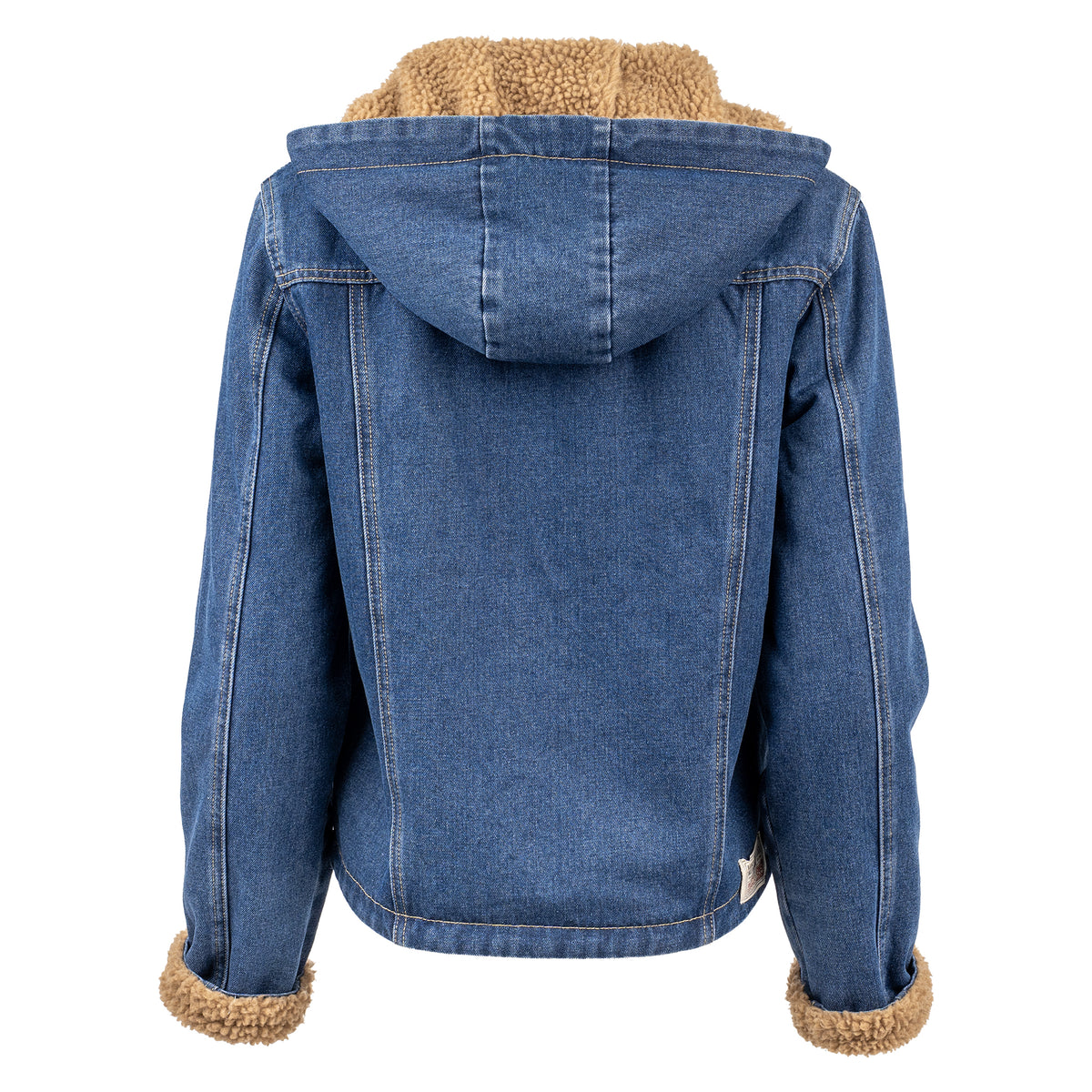 back of our light wash denim lined with sherpa, two chest pockets and front button closure jacket on white background