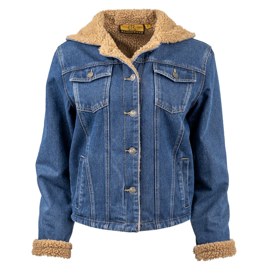 light wash denim lined with sherpa, two chest pockets and front button closure jacket on white background