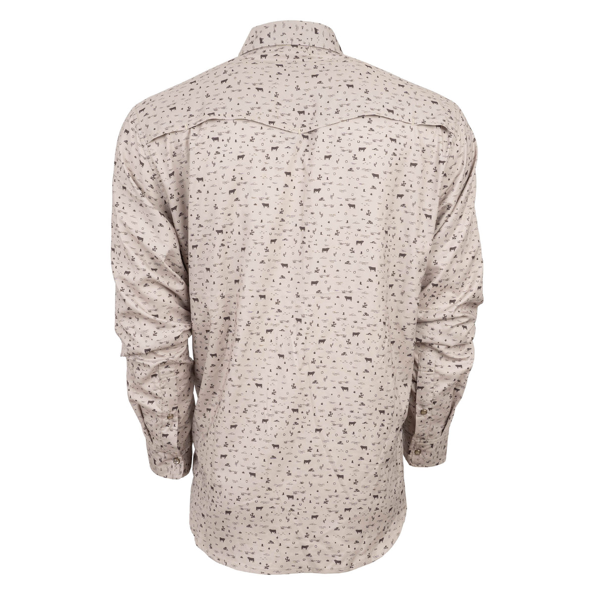 Back of a long sleeve men's shirt in khaki with adjustable snap wrist cuffs.