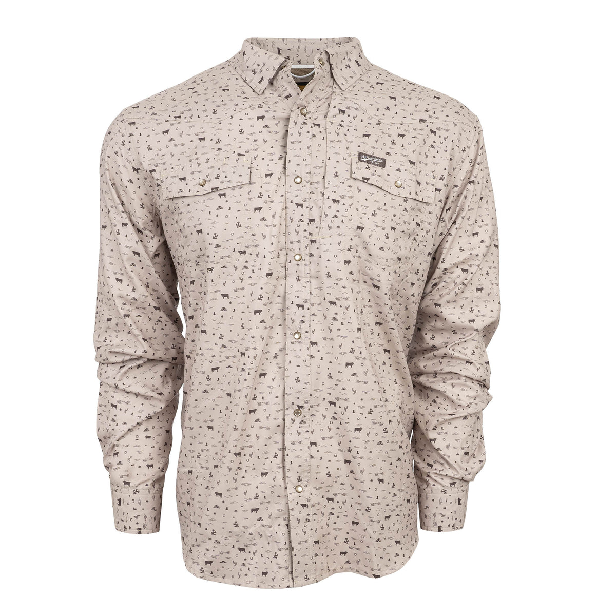 A long sleeve men's shirt in khaki with a pearl snap front closure and multiple pockets.