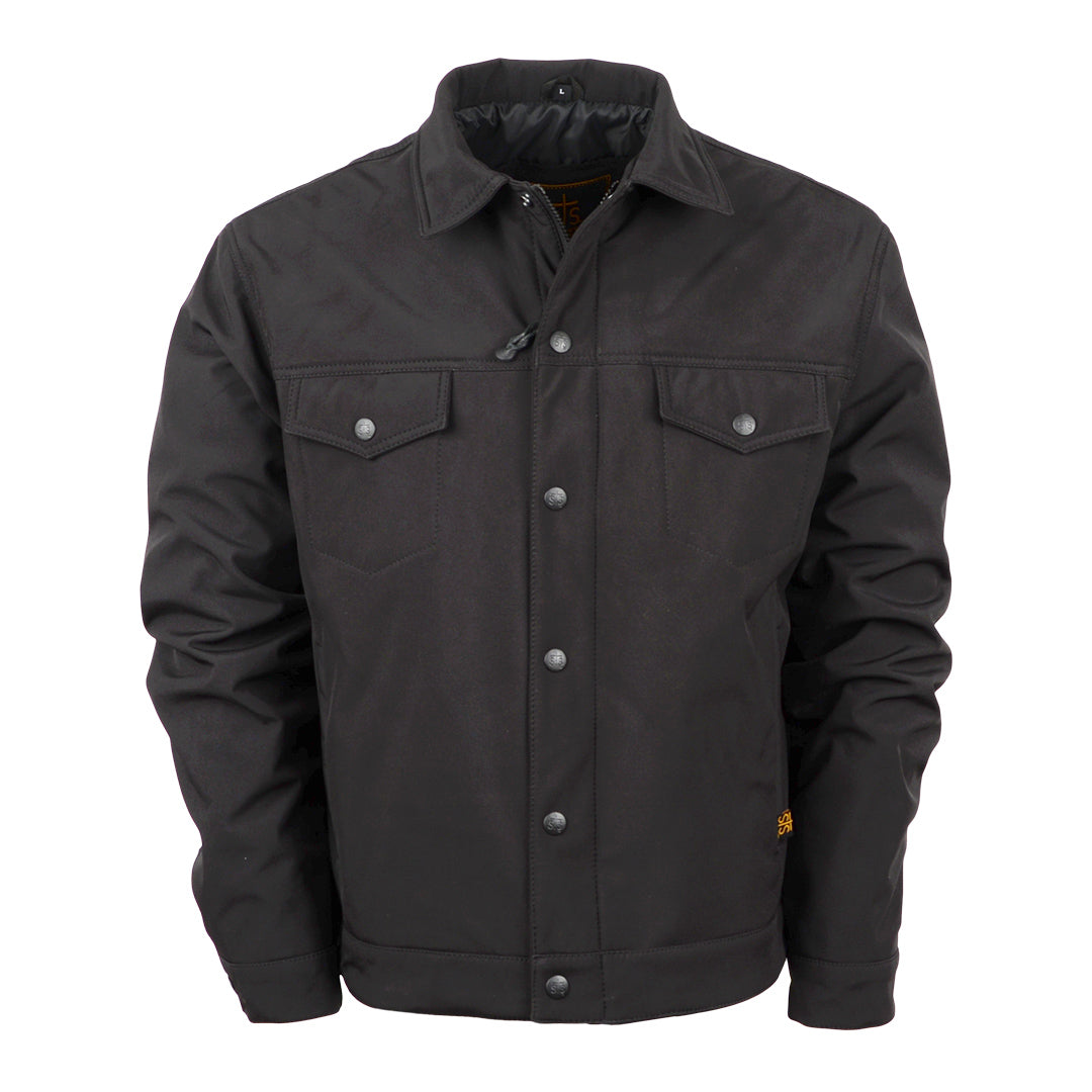 A youth black Brumby jacket with a snap front closure, two button closure chest pockets, two hand warming pockets, snap adjustable cuffs, and western yoke accents on a white background.