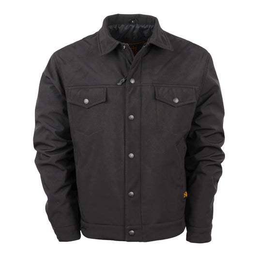 A youth black Brumby jacket with a snap front closure, two button closure chest pockets, two hand warming pockets, snap adjustable cuffs, and western yoke accents on a white background.