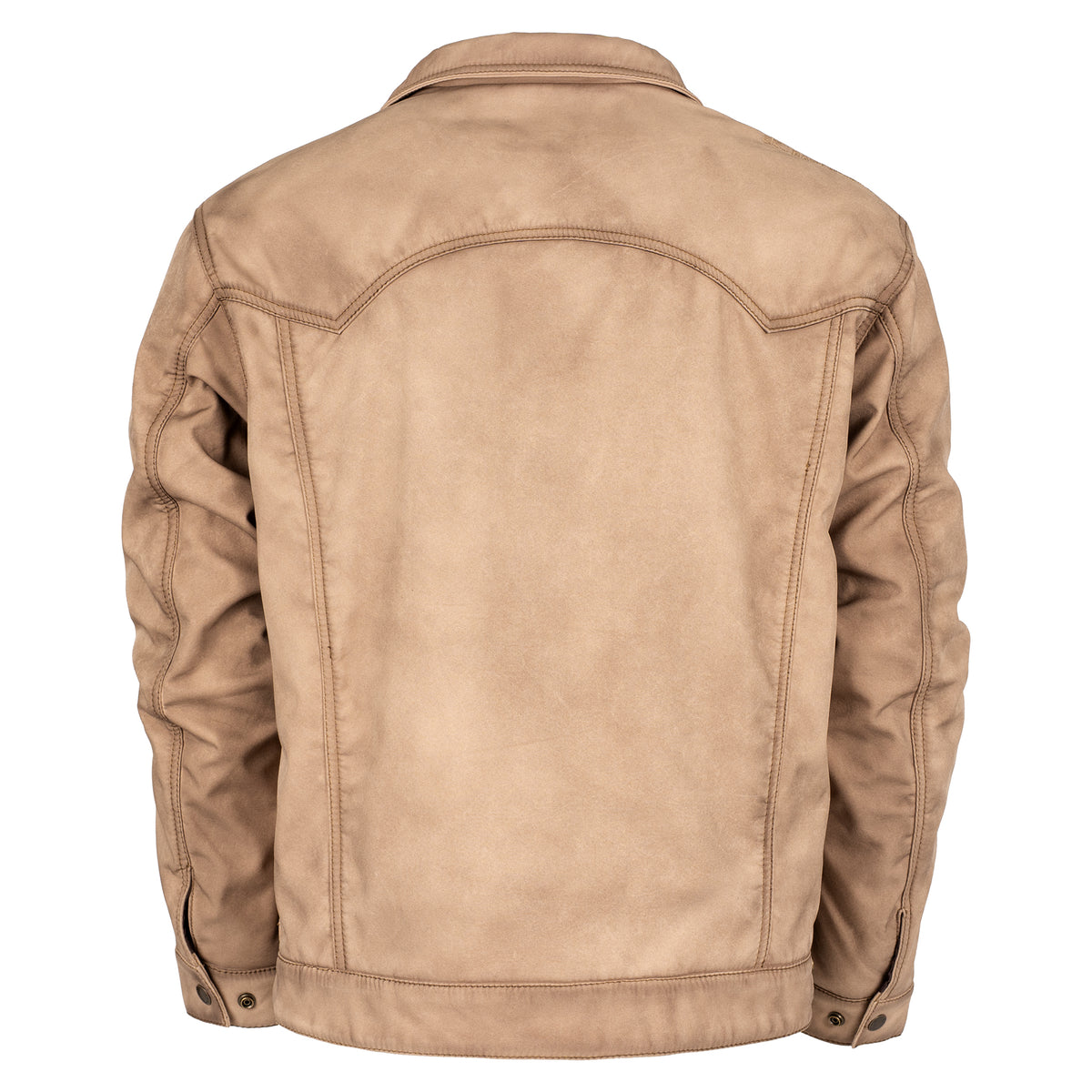 back of our fawn beige jacket with front snap closure, two front pockets, and hand warming pockets on white background