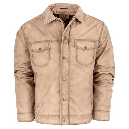 fawn beige jacket with front snap closure, two front pockets, and hand warming pockets on white background