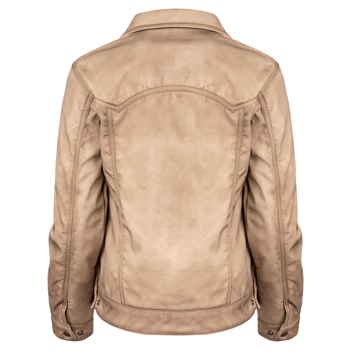 back of our fawn beige jacket with front snap closure, two front pockets, and hand warming pockets on white background