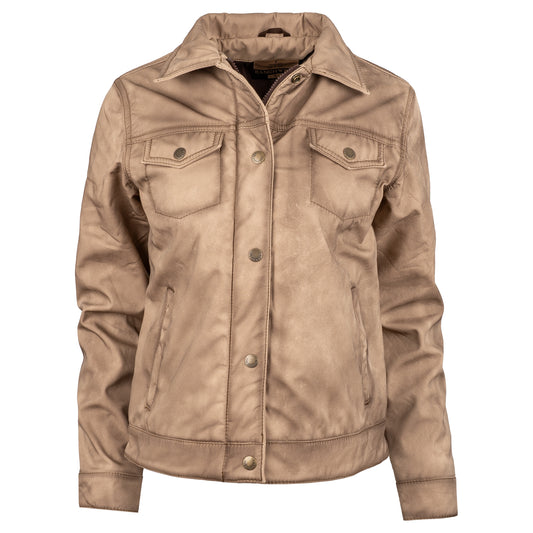fawn beige jacket with front snap closure, two front pockets, and hand warming pockets on white background