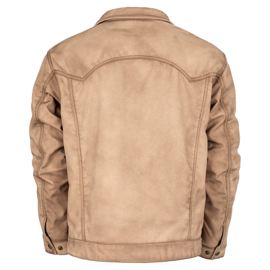 back of our fawn beige jacket with front snap closure, two front pockets, and hand warming pockets on white background