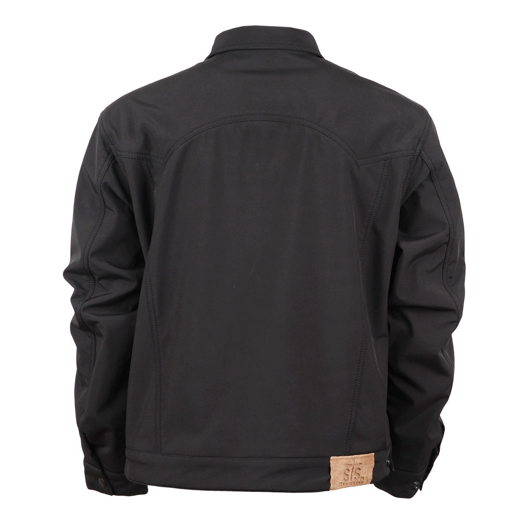 A men's black Brumby jacket with snap adjustable cuffs and western yoke accents on a white background.
