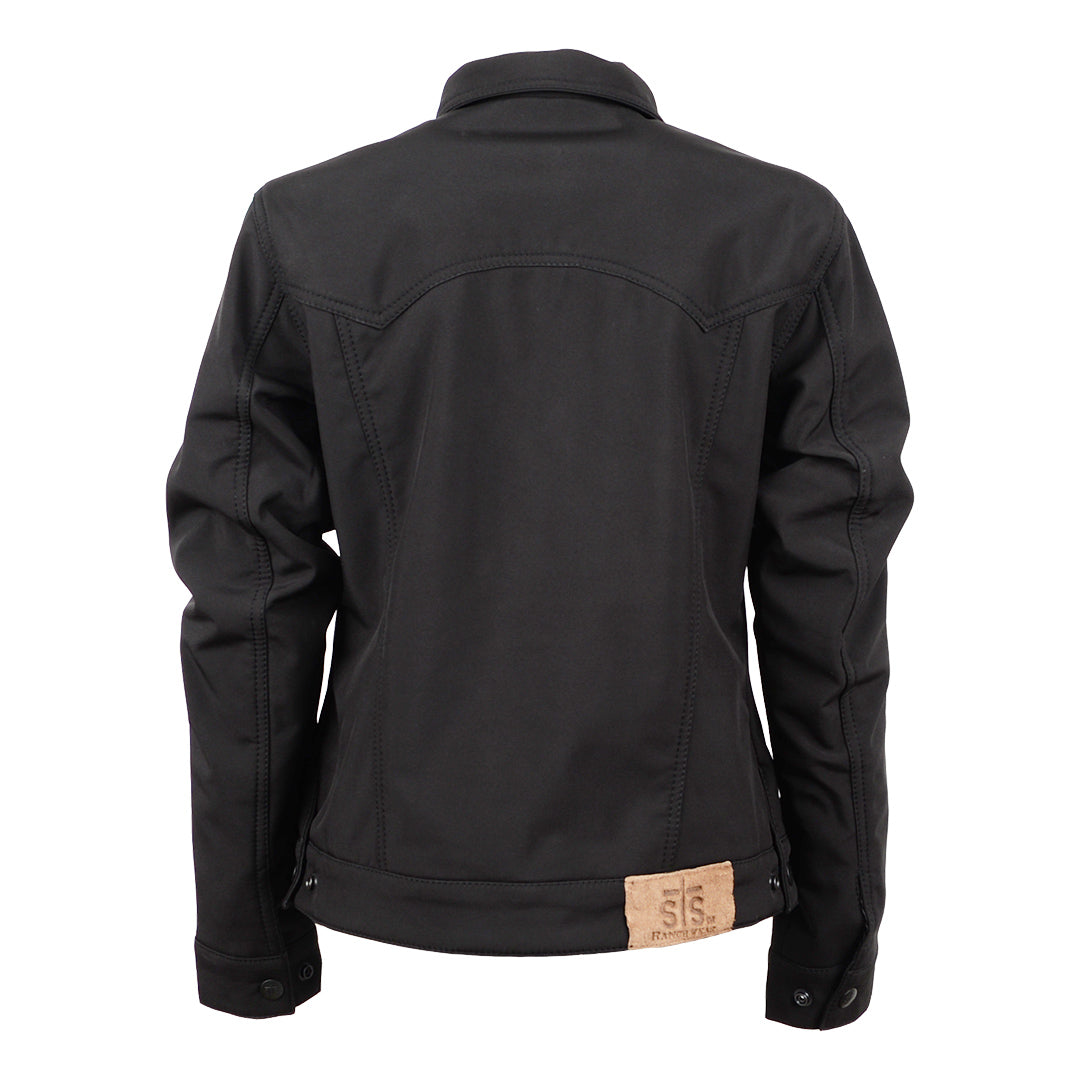 A women's black Brumby jacket with snap adjustable cuffs and western yoke accents on a white background.