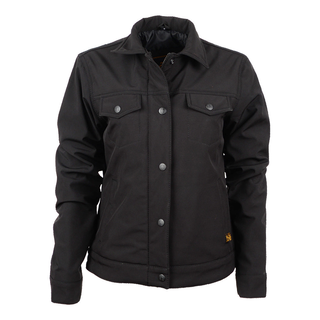 A women's black Brumby jacket with a snap front closure, two button closure chest pockets, two hand warming pockets, snap adjustable cuffs, and western yoke accents on a white background.