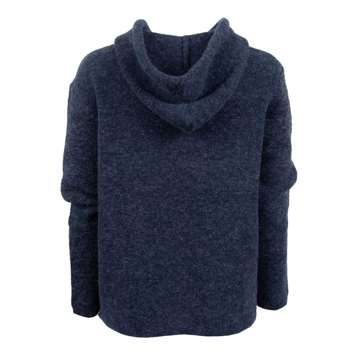 Back of a navy hoodie with hood on a white background.