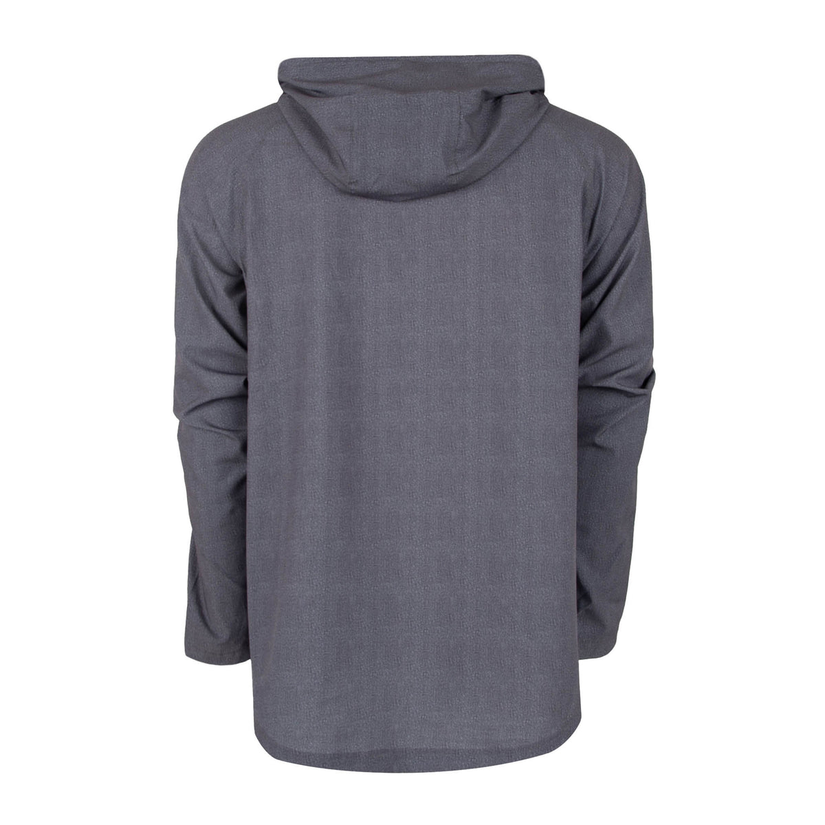 Back of a heather gray men's rain jacket with a hood displayed on a white background.