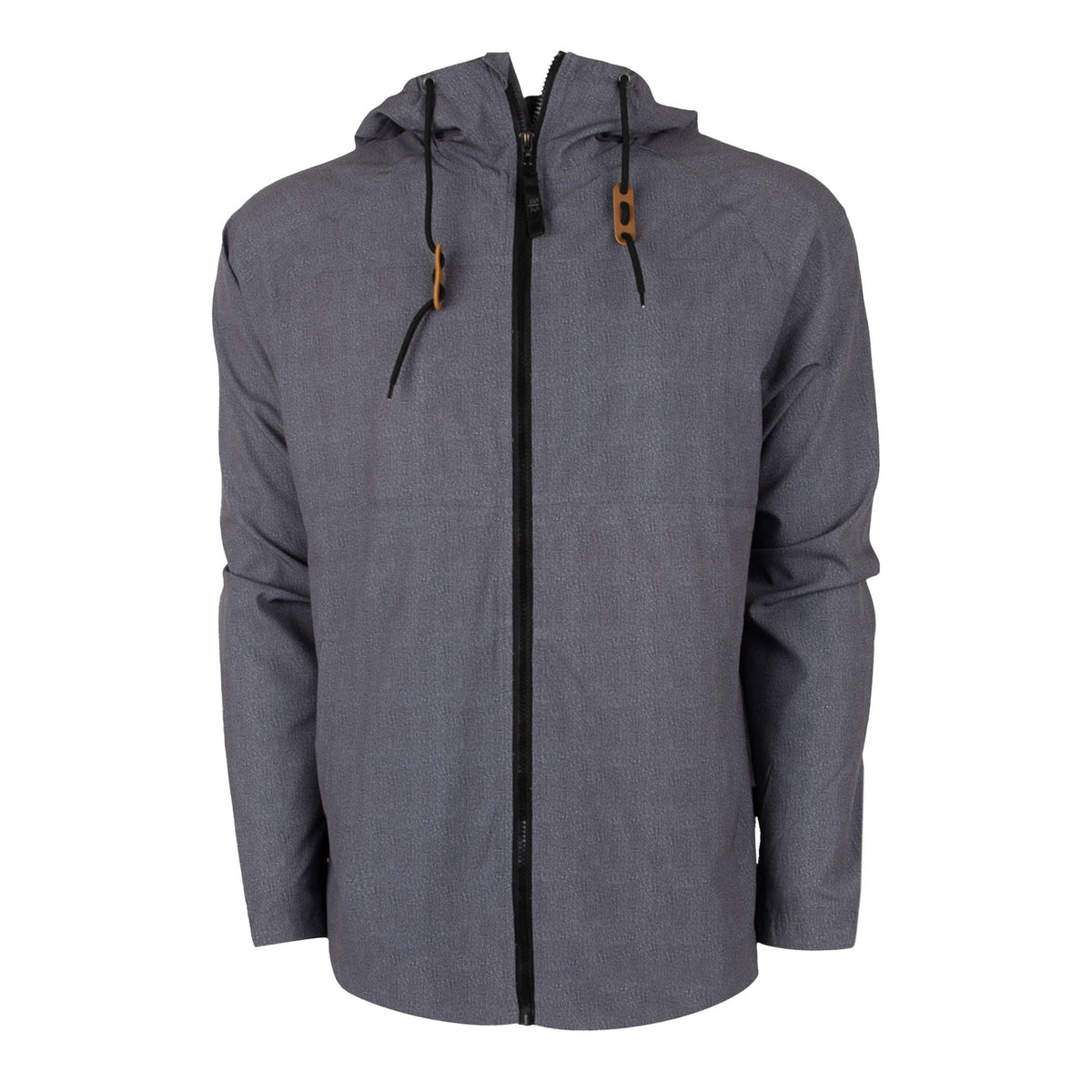 A heather gray men's rain jacket with zip front closure and drawstring hood.