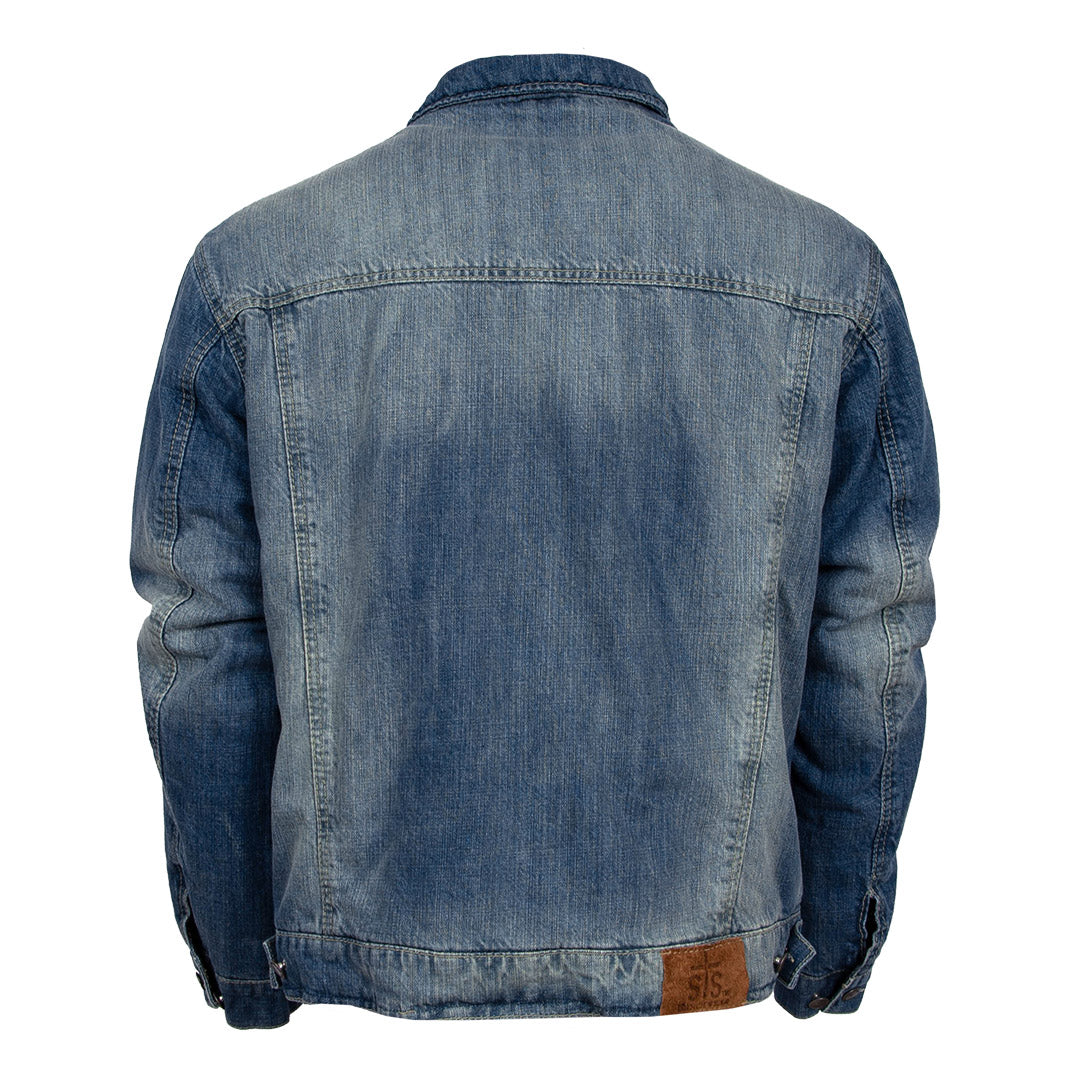 Back view of a blue denim jacket with a sherpa-lined body and leather patch with STS logo on the hem on a white background.
