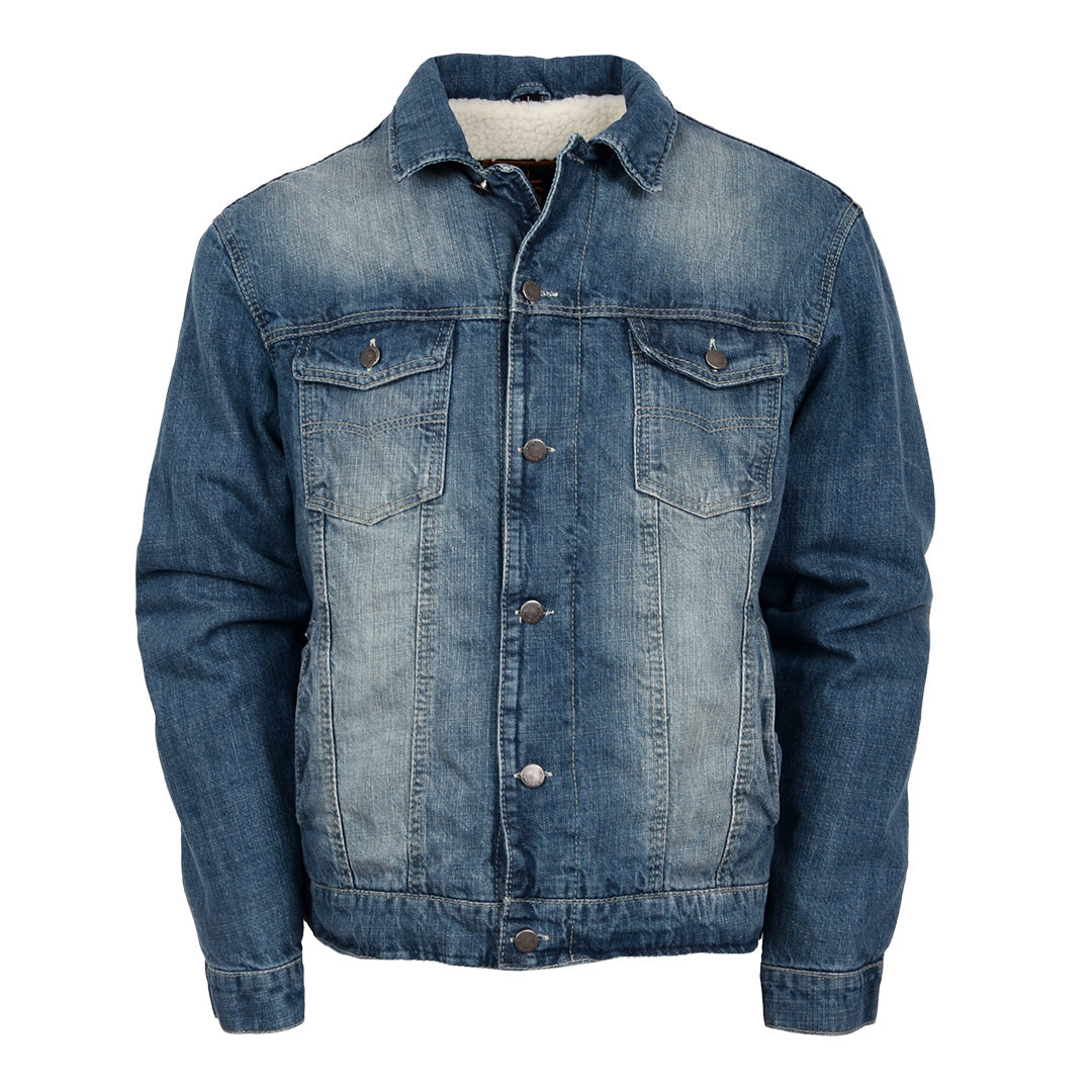 A blue denim jacket with a sherpa-lined body, button front closure and multiple pockets on a white background.