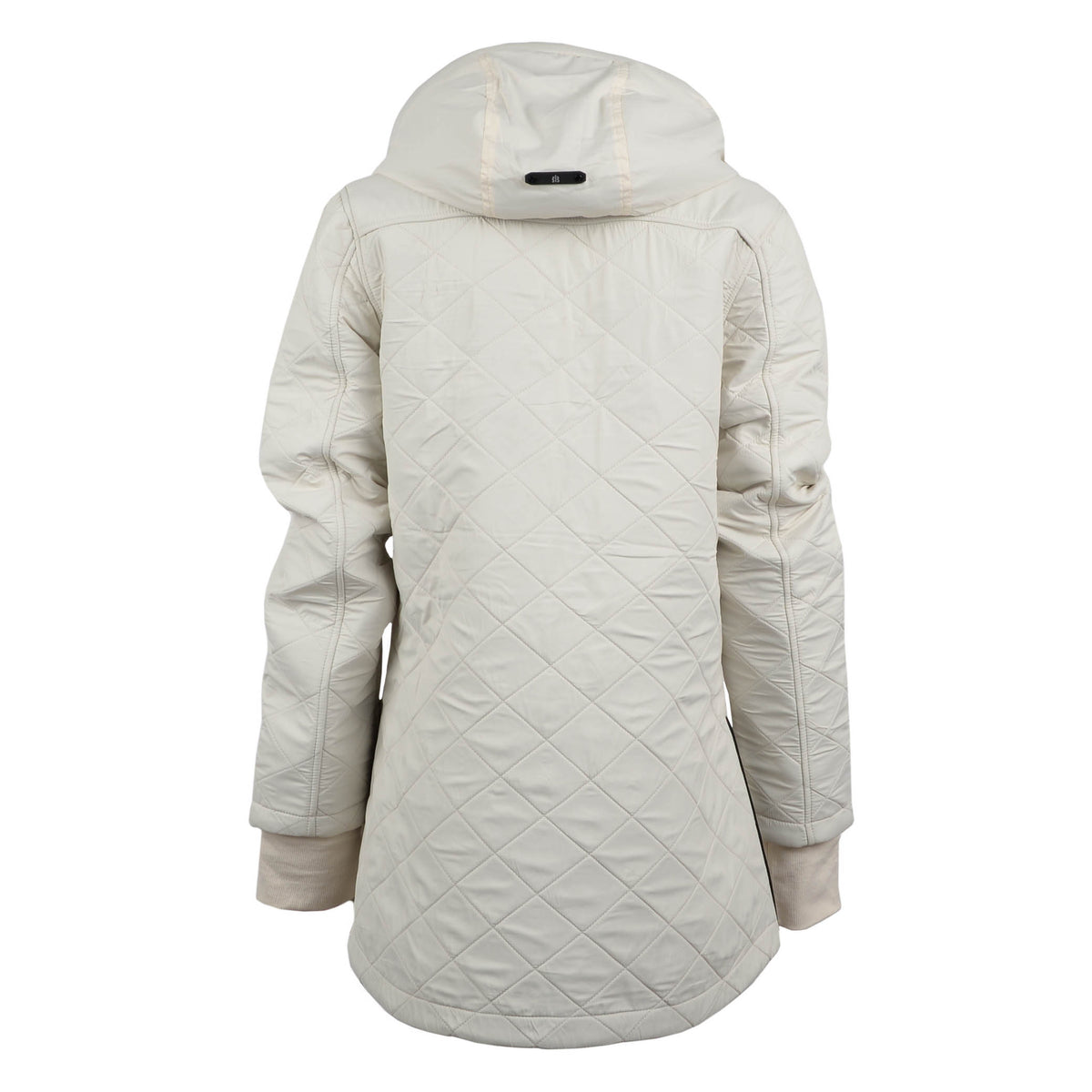 Back of a beige, hooded Blakely jacket for women with ribbed cuffs.