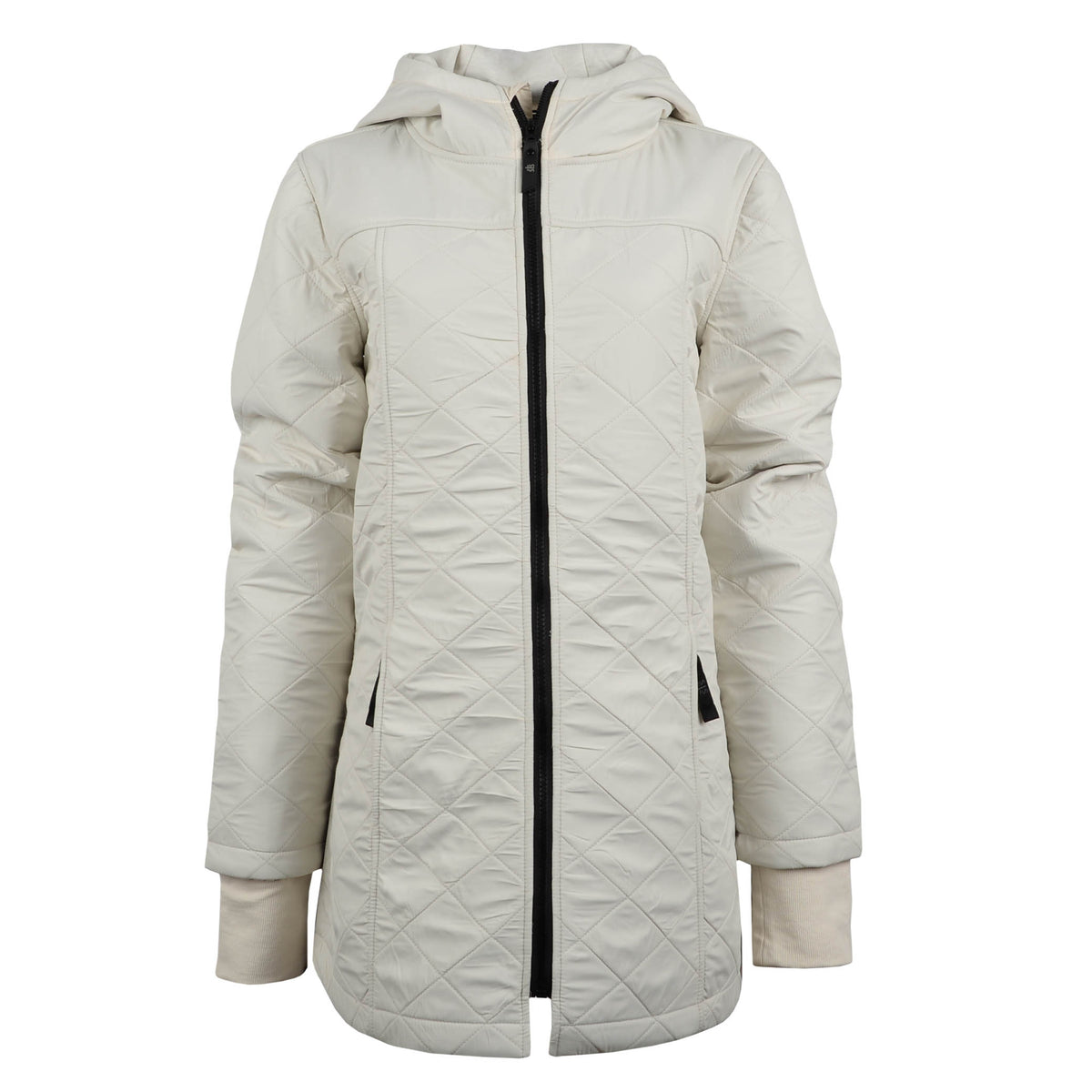 A beige, hooded Blakely jacket for women with zip front closure and ribbed cuffs.
