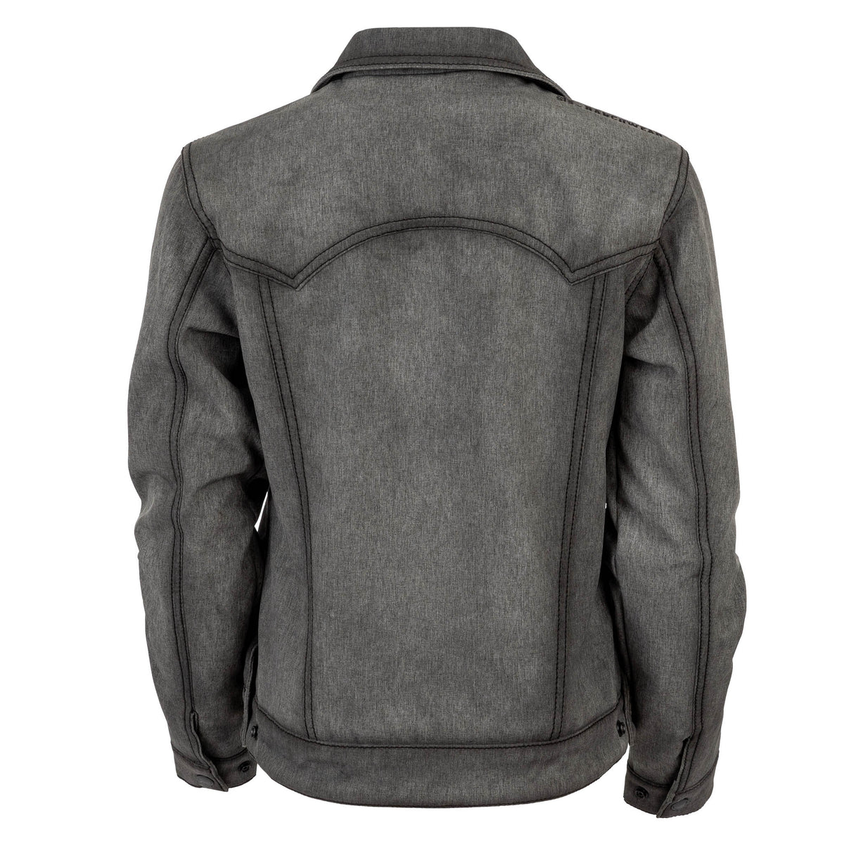 Back of a gray softshell jacket with a western yoke and adjustable snap wrist cuffs.