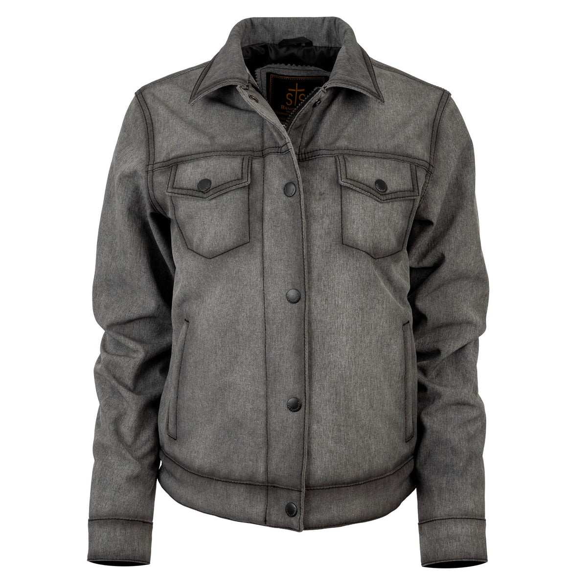 A gray women's Brumby jacket with a collared neckline, long sleeves, chest pockets, and a button-up front.