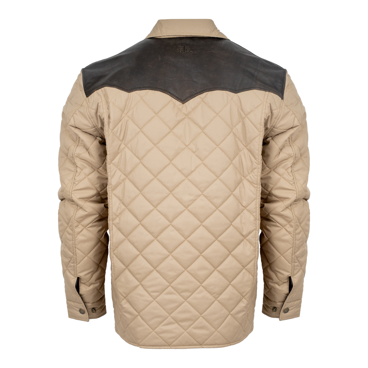 back of our khaki quilted shell jacket with satin lining, leather western yoke and collar, and chest pockets on a white background