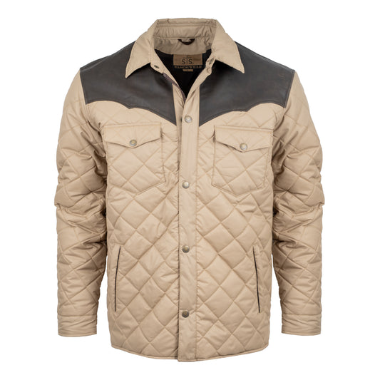khaki quilted shell jacket with satin lining, leather western yoke and collar, and chest pockets on a white background