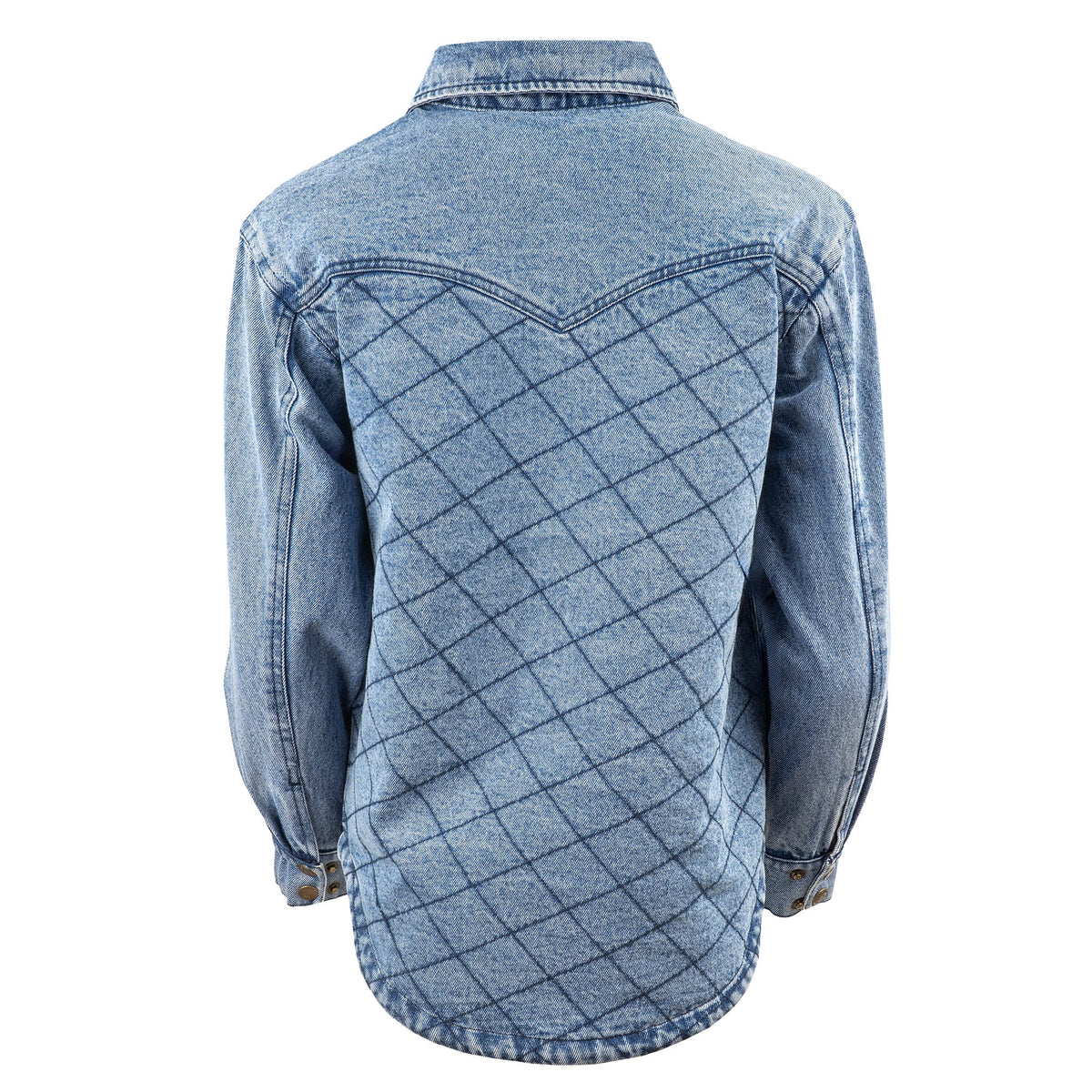 Light blue denim shirt quilted contrast stitching accents and western yoke.