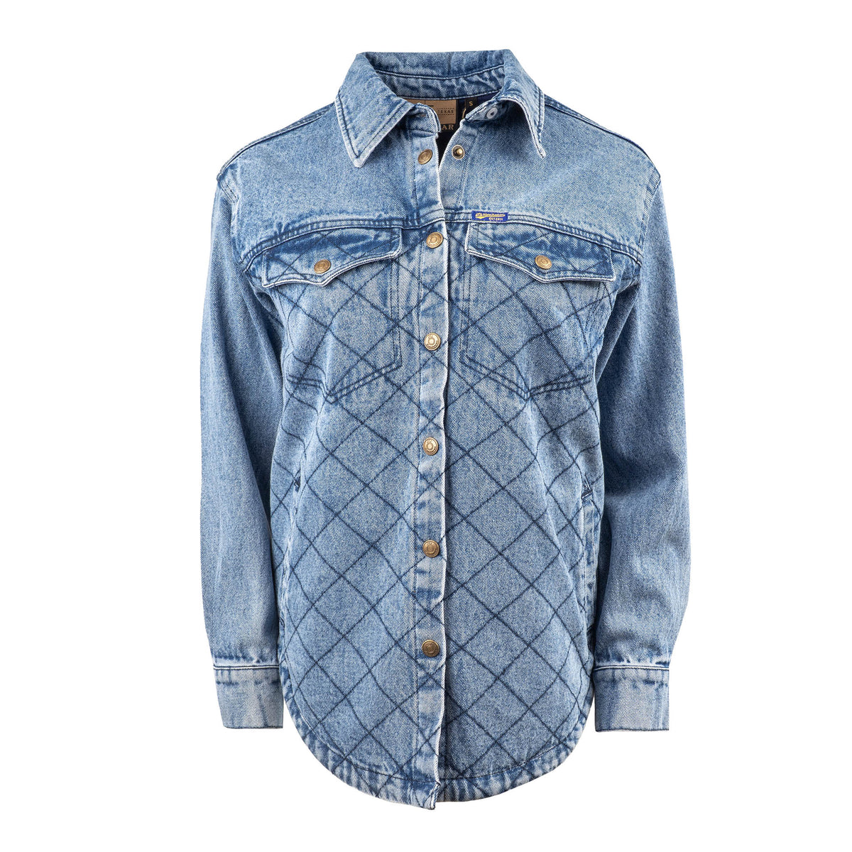 Light blue denim shirt quilted contrast stitching accents, snap chest pockets and snap front closure.